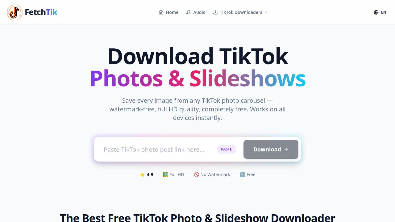 FetchTik TikTok photo slideshow downloader — save all TikTok images without watermark